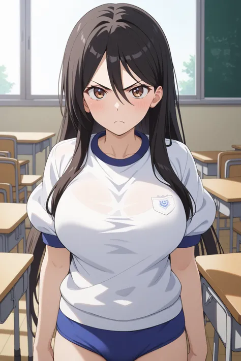 masterpiece,best quality,{{detailed beautiful face and eyes}}, very detailed background,
Seiri Fukiyose,{{{megami magazine}}},long hair,black hair,hair between eyes,brown eyes,large breasts,
gym uniform,red buruma, white shirt, short sleeves, thighs,
1girl...