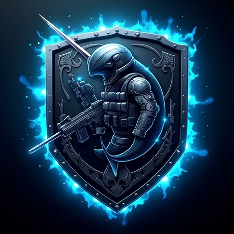 create combat team logo. Include a badass Narwahl soldier. Include the name "MAB Special Forces" at top. Steel Spec ops logo. Glowing blue light. Glowing Steel Shield