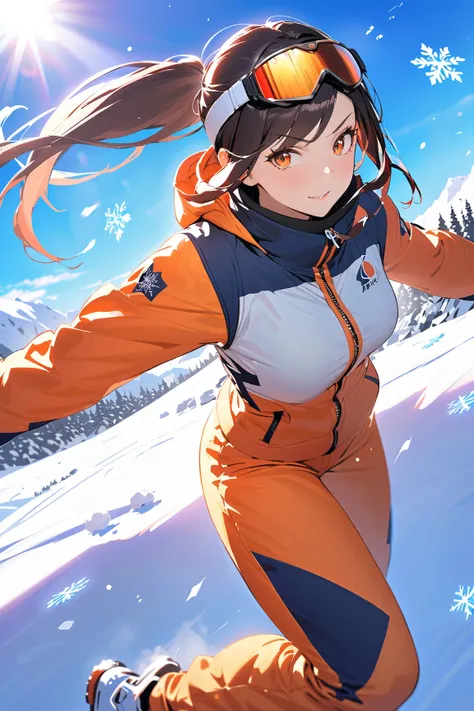 1 girl, (beautiful face), heroine, (long hair), (determined expression), medium breasts, slim, (wearing ski jumper outfit), colorful ski suit, (high collar), 
BREAK 
snowy mountain, ski slope, (jumping:1.2), (snowflakes:1.2), bright blue sky, 
BREAK 
(brig...