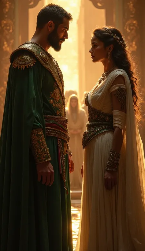 Queen Livia, now free, stands beside King Darius in the grand hall. Her emerald eyes meet his silent but powerful gaze. The nobles bow deeply, realizing the silent king’s true strength. The restored throne room glows with the light of new respect.