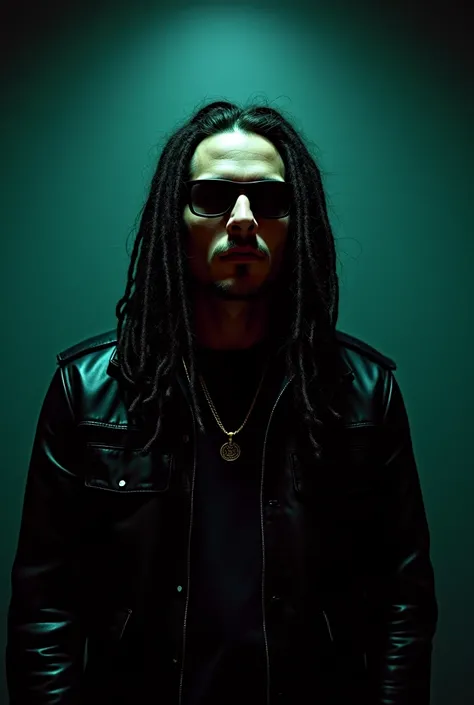 "cinematic 35mm film photograph, a professional photograph, styled like an Associated Press image, shows a caucasian man standing in the front of dark room, dark light, serious, his hair very long, black, and dreadlock style. he wear sunglasses and black l...