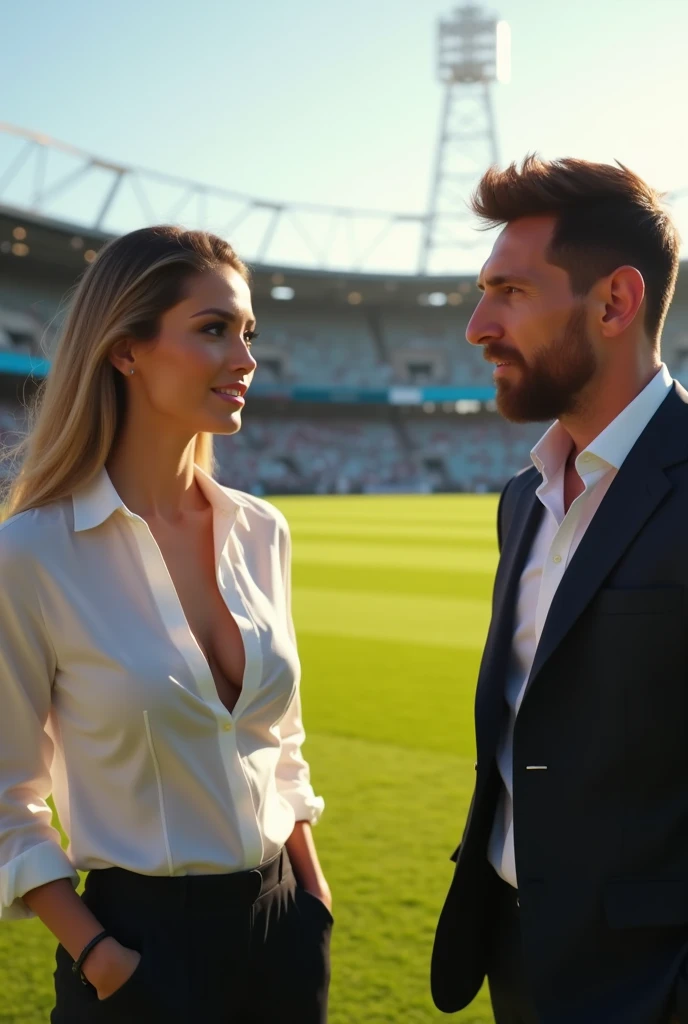 Beautiful woman is on a soccer field on a sunny day, He is a journalist for ESPN,  has a formal shirt, Open neck ,  big and perfect breasts costume,  she is interviewing Leonel Andrés Messi +18