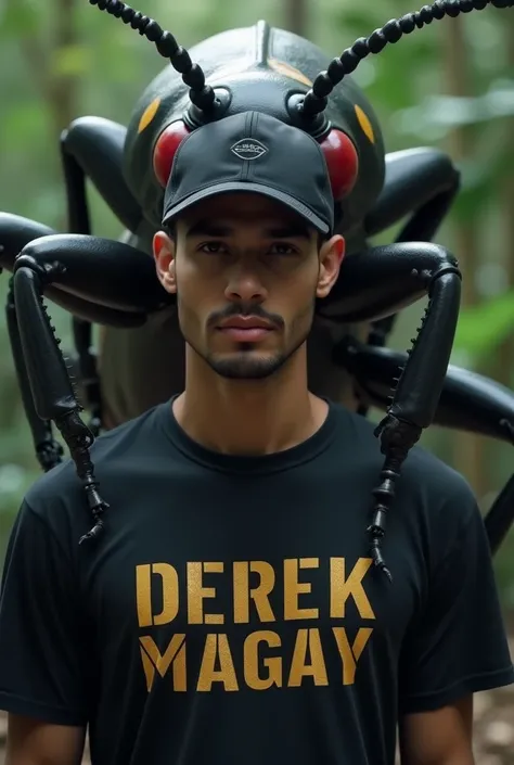 A handsome man of Indonesian race wears a black baseball cap and a black t-shirt with the inscription"DEREK MAGAY", Standing full body behind the man was a giant tiger beetle with red eyes and spooky like it was about to pounce
UHD 16K