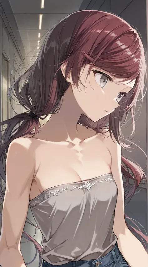  (Masterpiece, best quality), intricate details, stoic ,((gray eyes)), thin,swept bangs, dark red hair, low twin tails, gray strapless tank top, jeans, ((long swept bangs)), hallway, small breasts, toned arms,