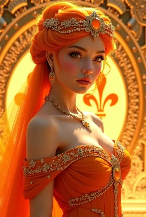 A beautiful ancient princess with vibrant orange hair styled in an intricate bridal bun, adorned with a delicate orange crown with orange gem carved on itand exquisite gold jewelry that complements her bright, shining orange eyes. She wears a stunning, ela...