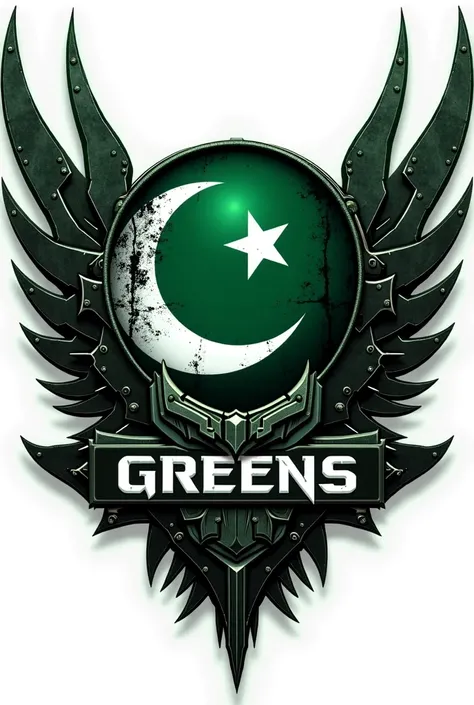 
" A digital badge with a futuristic and aggressive design .  The color scheme must be dark green and white .  representing a motorcycle club or virtual faction . The symbol of the flag of Pakistan in the middle and behind sharp metal wings or mechanical e...