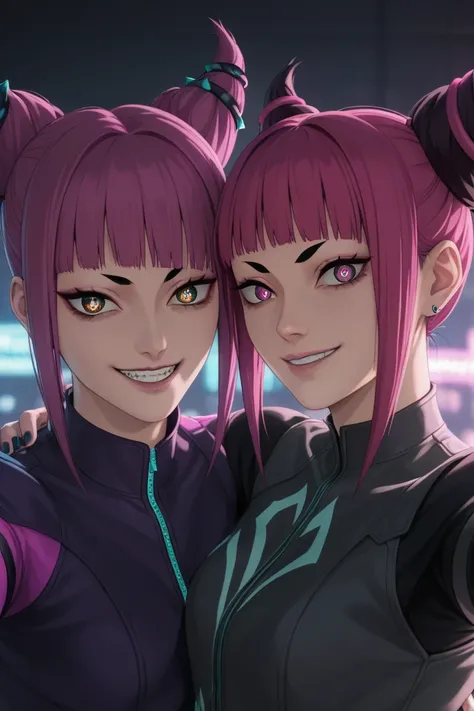 two girls, Juri Han e Makima,  taking a selfie together and smiling .  Juri Han has purple hair tied in two bunches ,  piercing eyes and wears a black outfit with purple details,  displaying a mischievous and confident expression .  Makima has red hair tie...