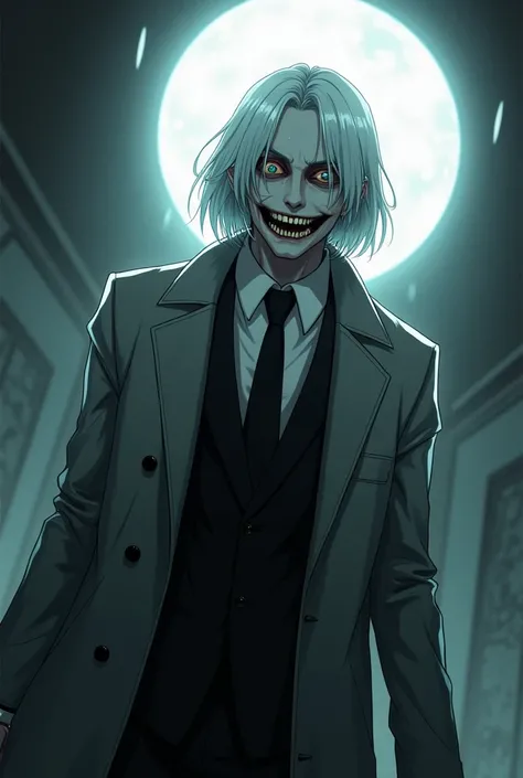 I want a guy with white hair up to his shoulder with gray overcoats and a black suit , Looking dead with dark circles psychopathic smile big but light all in the anime style without realism