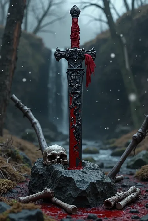 Black titanium sword ,  with dragon and tiger carving motif ,covered in blood , accreting inside the black rock and skull bones above the stream, with blood flowing to the rock ,in the skull and the river , set in a forest with dry trees and a drying water...