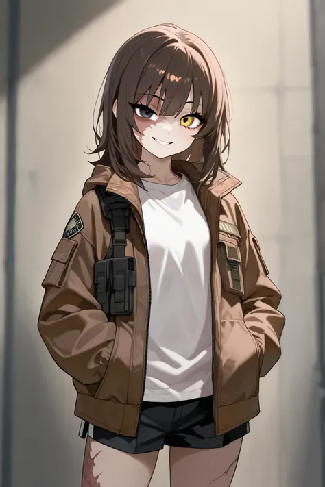 1 girl, brown medium hair, small eyes, tall, jacket, hands in jacket's pocket, looking at viewer, smile, scar on right face, burn scar on right face, white shirt, black shorts, odd eye, brown left eye, grey right eye, mesugaki, tactical clothes