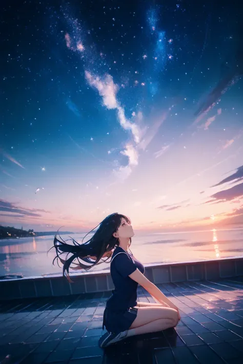  high quality, HD, Age 18, slender, full body, whole body, black hair, long hair, medium breasts, beautiful breasts, beautiful legs, cool beauty, Beautiful starry sky, nightmare, near sea, portrait, look up at the stars, from below, school costume, whole b...