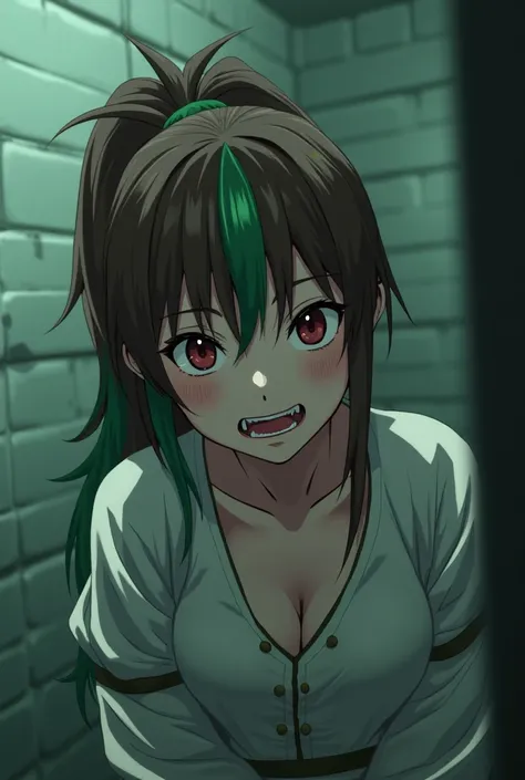 A 40-year-old anime woman with brown and green hair and a ponytail,wearing hospice clothing with straitjacket , in an insane asylum room with a crazy smile expression