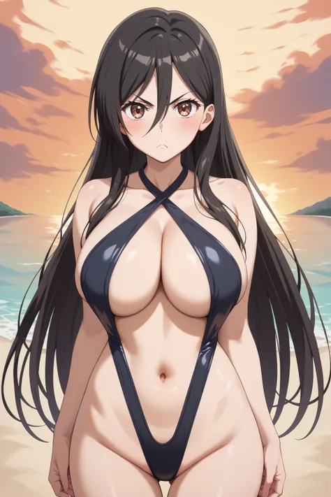 masterpiece,best quality,{{detailed beautiful face and eyes}}, very detailed background,
Seiri Fukiyose,{{{megami magazine}}},long hair,black hair,hair between eyes,brown eyes,large breasts,
((black swimsuit high leg swimsuit,slingshot swimsuit,criss-cross...