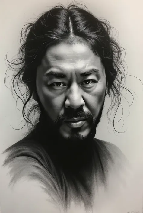 Redraw the portrait in charcoal style Please request a drawing similar to 