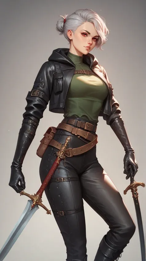  young woman, average physical build,  short gray hair,  red eyes , black tactical jacket, black hood, Slim fit dark green shirt, medieval style black gauntlets,  Brown leather belt ,  black leather pants,  with a medieval sword ,  black leather boots,  Si...