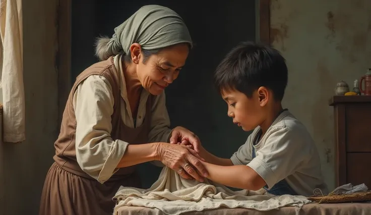 A 17 Yare boy helping his mother wash clothes or sweep a floor in someone’s house Poor Family 