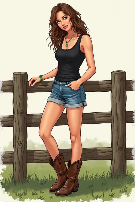  Brown-haired Woman, blue eyes black tank top ,  denim shorts and cowboy boots .  she has one hand in her shorts and the other is resting on the wooden railing behind her.  

 she is standing on the grass with one hand on the railing ..  is straight but lo...