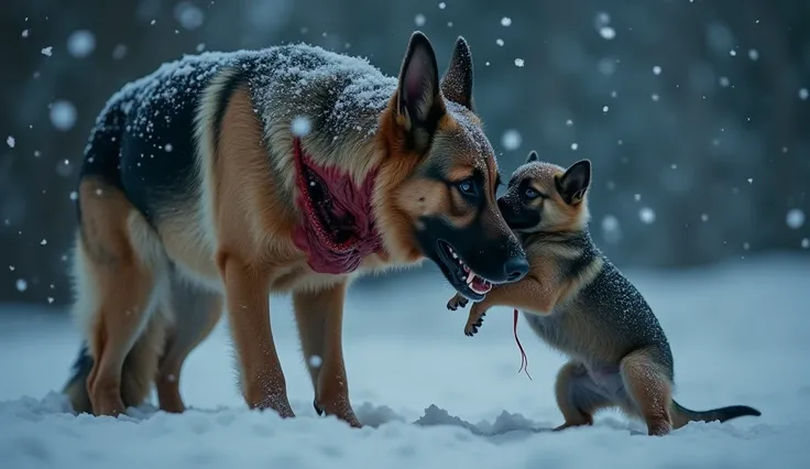 An incredibly detailed and emotional shot of a German Shepherd standing in a heavy snowstorm at night, gently holding a small, helpless puppy in her mouth. The mother dog's fur is covered in snow, her body is covered in blood and cuts, from which hideous p...