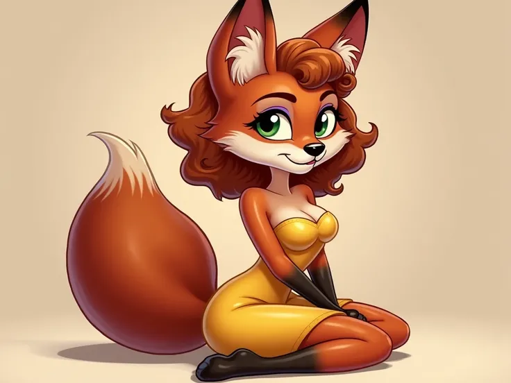 "An anthropomorphic fox girl radiating vintage glamour, inspired by the sultry charm of 1940s and 1950s animation. Her fur is a rich, velvety reddish-brown, smooth and sleek with subtle highlights that catch the light. Her voluminous, wavy hair cascades ef...