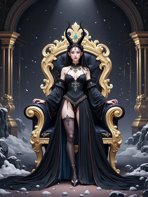 Fairy tale character Lilith standing before her throne, hyperdetailed, intricate, masterful, technically perfect, dark and intricate, fantasy realism, gold foil, silver foil, glass shards，realistic hyper-detailed portraits, unreal engine 5, rococo pastel h...