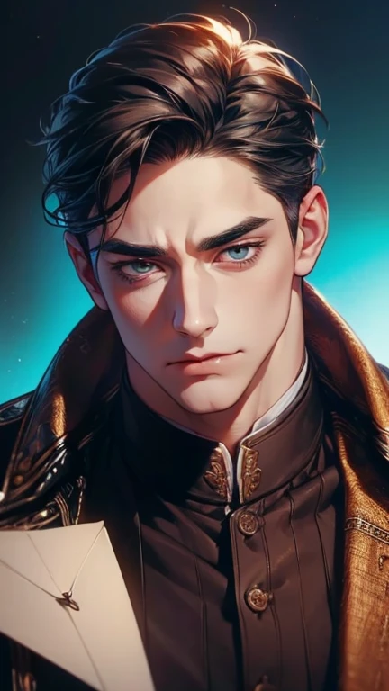 (    borrowed letter ,4K,8k,    highres,    masterpiece :1.2),    ultra-detailed   ,(realistic,photorealistic,photo-realistic:1.37),36-year-old man,3 day beard,Beautiful anime,Portraits,strong,Masculine,     with black hair  ,sharp jaw,       mesmerizing e...