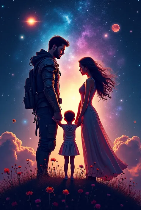 Galactic Family Bond"
Father: A bold cosmic warrior silhouette with a glowing aura.
Mother: A celestial goddess figure surrounded by stars and flowers.
Son: A young cosmic explorer holding a tiny planet or comet.
Daughter: A dreamy stargazer with flowing h...