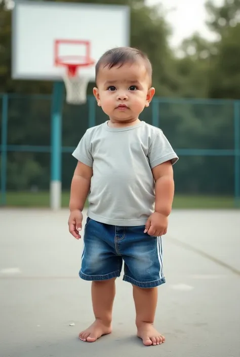  A beautiful baby boy is standing on a basketball court ,  with a curious look and serious expression . He has light skin,  round cheeks and large, expressive eyes . The hair is very short and thin . Are you wearing a plain denim t-shirt and denim shorts w...