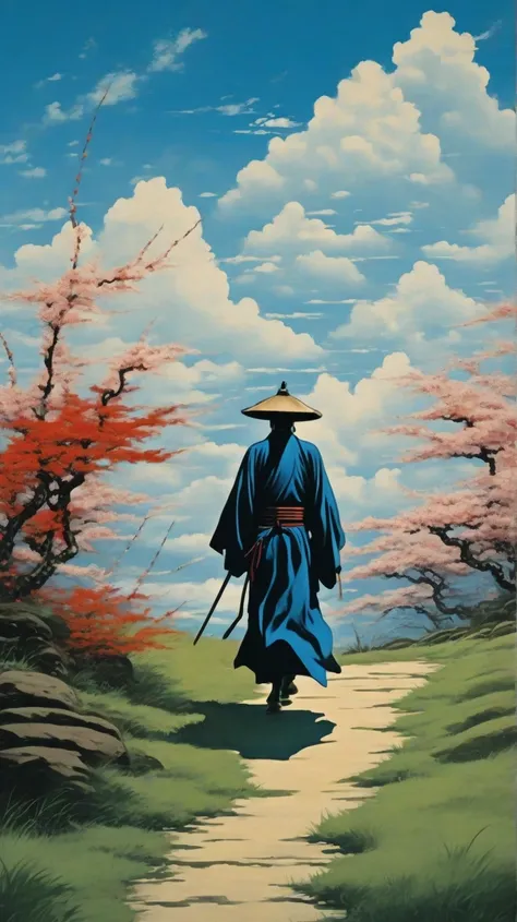  a painting of a man with a hat and a long robe walking along a path, Grass around , Blue sky with clouds, Wandering Samurai , Samurai jedi, samurai,