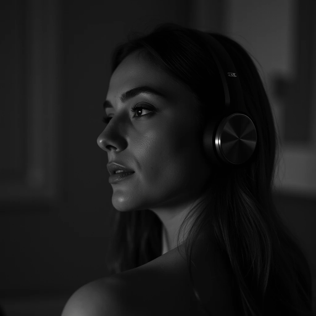 "A handsome woman wearing headphones, captured from a side angle, half-body shot. The image is in black and white, with soft lighting that highlights her facial contours. She has a serene and focused expression, immersed in the music. The background is blu...