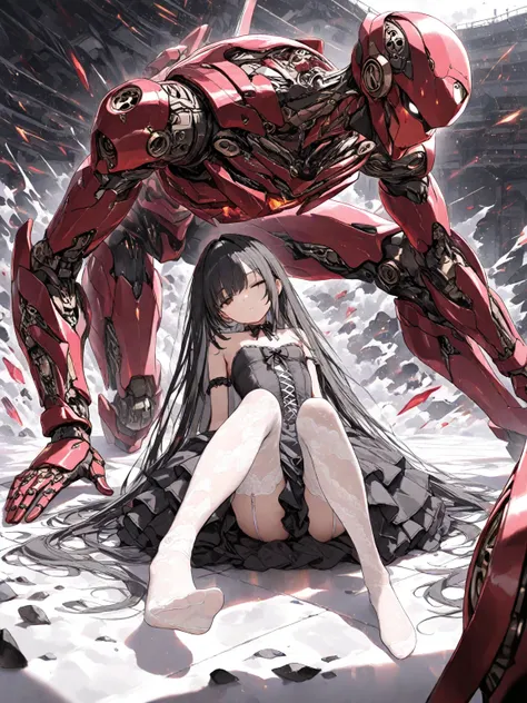 ( masterpiece,  highest quality,  extremely detailed), 
1 Girl, Black Hair, Very long hair,  Black Eyes , Small, black gothic loli dress,  strapless , White lace stockings, Sleep, Sitting, Knee up,  dynamic pose, Cinematic perspective ,A red bionic machine...