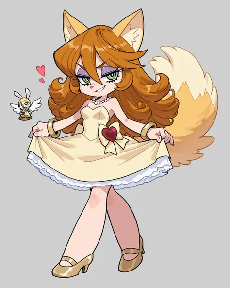 "An anthropomorphic fox girl radiating vintage glamour, inspired by the sultry charm of 1940s and 1950s animation. Her fur is a rich, velvety reddish-brown, smooth and sleek with subtle highlights that catch the light. Her voluminous, wavy hair cascades ef...