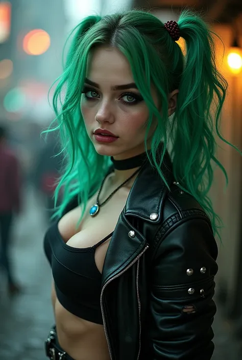 She is the jokers daughter as well as the daughter of Harley Quinn. She has vibrant green hair in messy, layered waves, framing her face with a rebellious flair. Her eyes, a captivating shade of electric blue, are accentuated by dark, smoky eye makeup that...