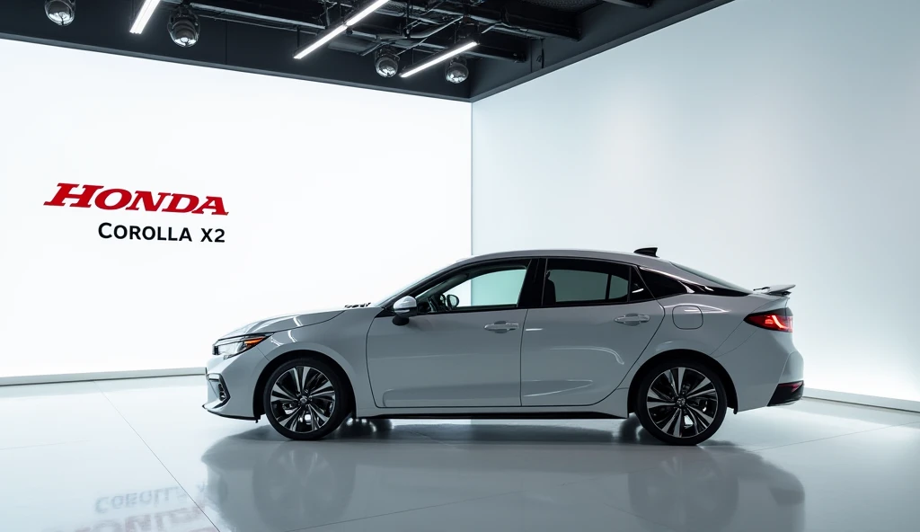 In sleek showroom car Honda Corolla x2 in back wall logo 