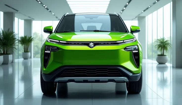 Generate the image front view ( green colour) (2025 maruti suzuki Fronx) seating pristine showroom