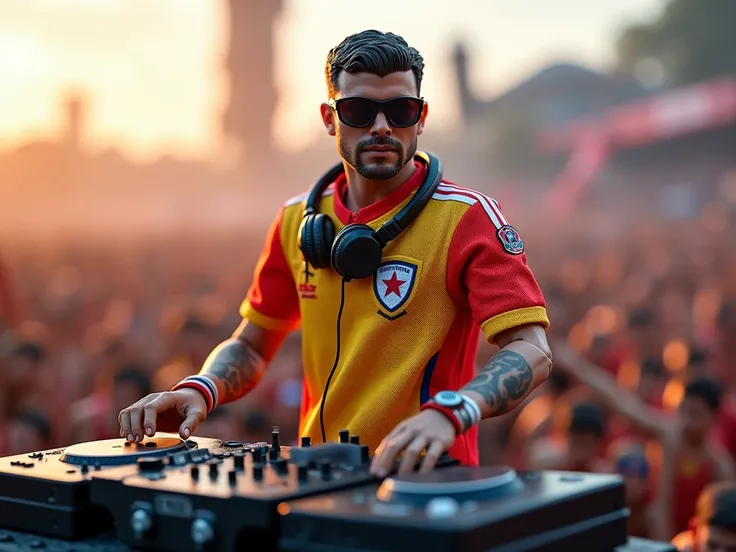 a Festival DJ Action Figure to look like a GI Joe Action figure wearing a Soccer Jersey, with Sunglasses, A DJ Controller in hand and Headphones in the other hand - massive crowd behind him 