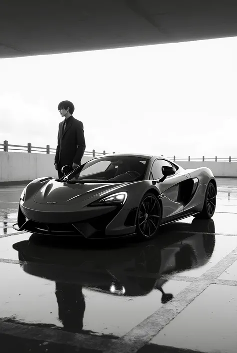 McLaren luxury car with levi ackerman leaning next to it monochrome parking lot