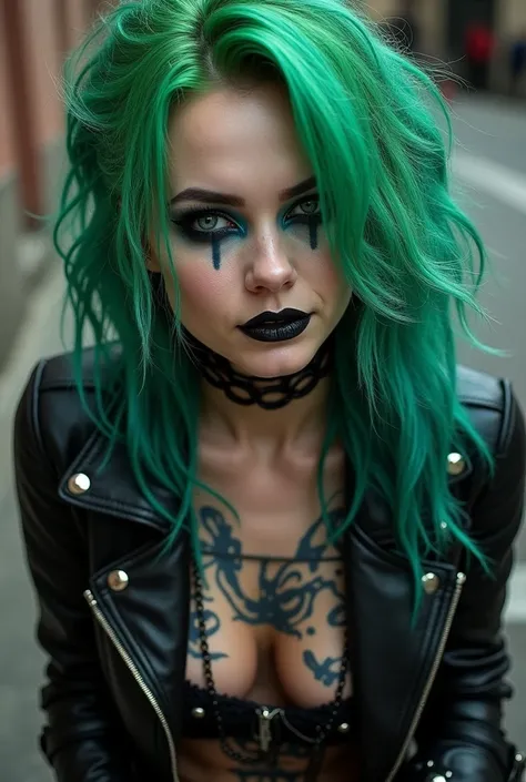 She is the jokers daughter as well as the daughter of Harley Quinn. She has vibrant green hair in messy, layered waves, framing her face with a rebellious flair. Her eyes, a captivating shade of electric blue, are accentuated by dark, smoky eye makeup that...