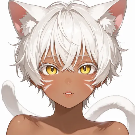 Solo, woman, semi human, catgirl, short hair, messy pixie hair cut, pointy cat ears, white cat ears, face marks, white hair, facemarks, yellow eyes, large eyes, elegant eyes, , cat tail, thin cat tail, white cat tail, large eyelashes, white eyelashes perfe...