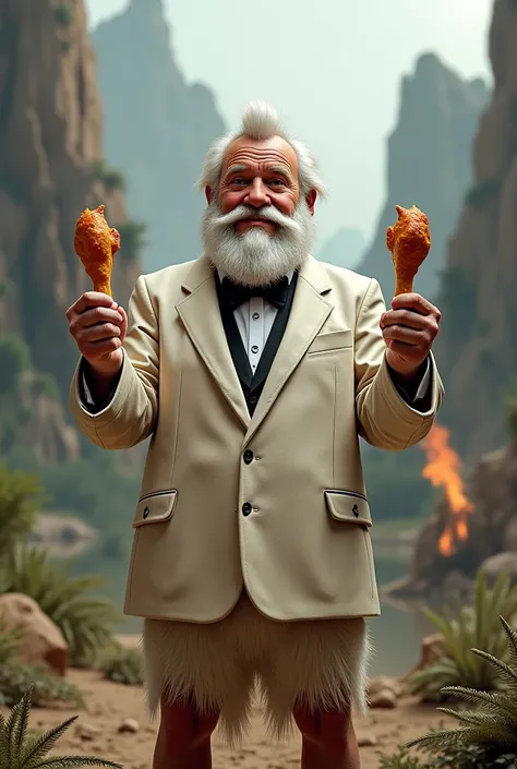 Caveman dressed as colonel sanders with chicken drumsticks 