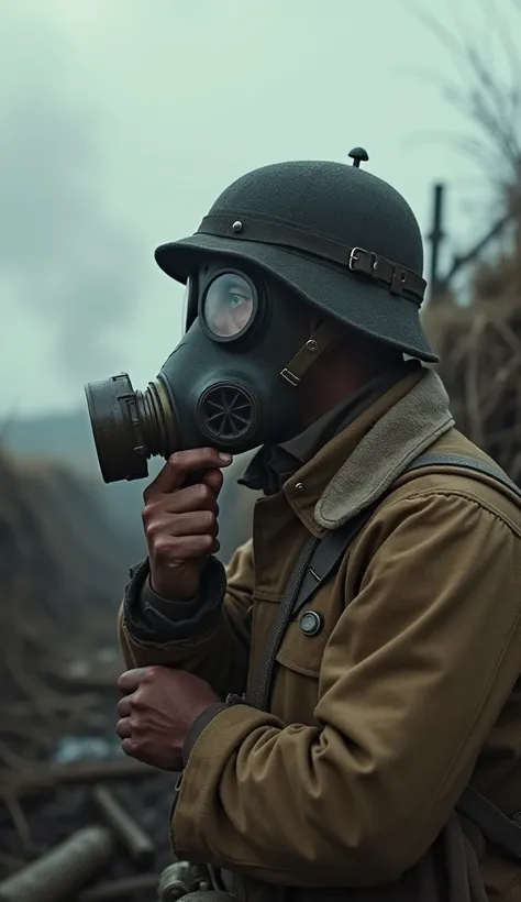 A soldier holding a crude gas mask, looking into the distance in fear, early 19th century, worn and tattered uniform, a trench edge with wooden reinforcements, preparing for an invisible attack, cloudy skies and drifting gas in the background, close-up, hy...