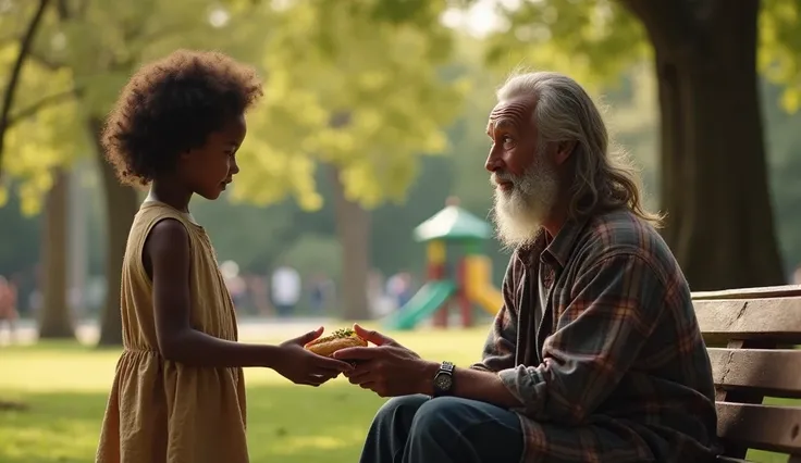 "A young Black girl, around 5-, wearing a simple dress, stands in a peaceful park with trees and a playground in the background. She is handing a sandwich to a homeless man sitting on a wooden bench. The man has long, unkempt hair, a beard, and is wearing ...