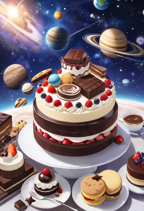 Planets and stars in space、cookie、tiramisu、Chocolate cake、Scenery with chocolate floating