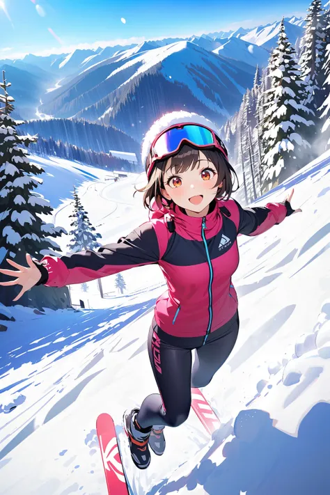 1 girl, (cute face), (short hair), (excited expression), small breasts, slender, (wearing stylish ski attire), fitted jacket, (thermal pants), 
BREAK 
winter landscape, ski resort, (preparing to jump:1.2), (snow-covered trees:1.2), clear day, 
BREAK 
(natu...