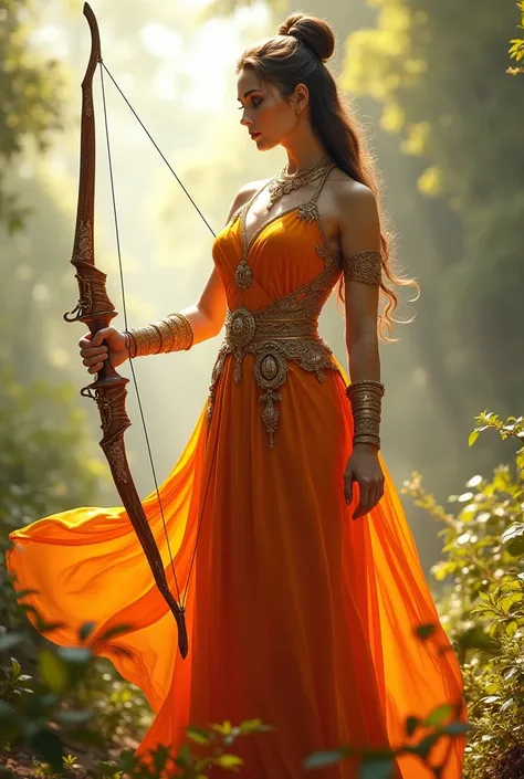 A superior female archer wearing a bright orange long dress and gold accessories stands while brandishing a crossbow in front of a bright morning background and foliage realistic close-up picture full hd best quality 5D 65k clear symmetrical light 