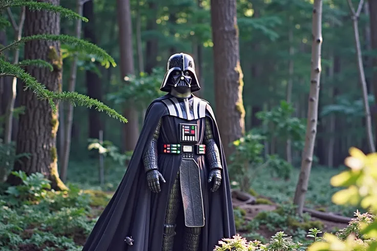 darth vader in a green lush forest 