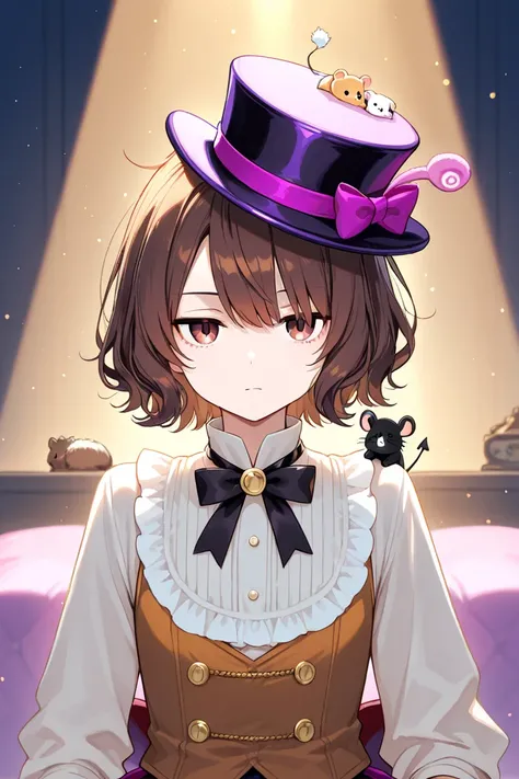 brown hair emotionless man, mad hatter's vibe, wearing a small top hat and the side of his head and have an adorable pet mouse with a small top hat