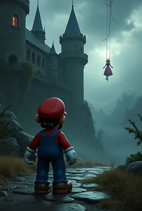 Super Mario arrives tired at the castle and sees Princess Peach hanging dead