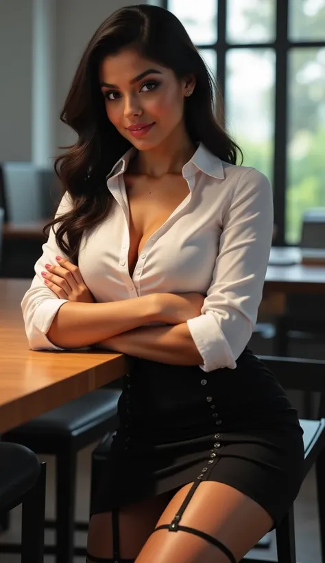 A Realistic highly detailed image of Hispanic srilankan races mixed woman with a coy smile who looks a bit like lisa ann and peta jenson age 20 with big plump breasts wearing a white office shirt with black tight pencil skirt and a garter belt and stiletto...