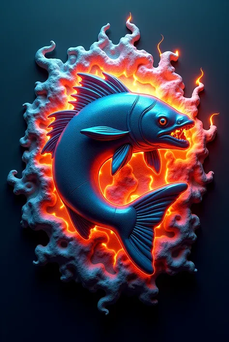  3D logo,  fire of iridescent colors sparkling smoldering ,  muscular predatory fish background,  Written  "Y G S FISHING" ,  realistic ,  embossed image , vast ocean atmosphere 