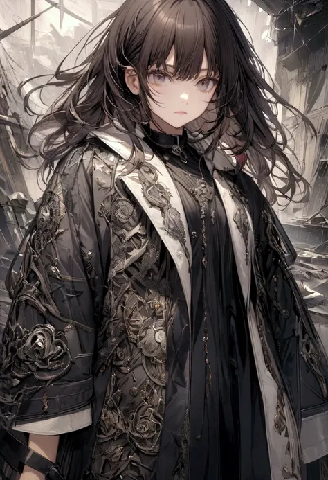 age girl, hair tidy, medium length hair, dark brown and white multicolored hair, large strip, gray eyes, neutral face, black wide shirt, very stylish grey and black loose coat, black neck bracelet, gray tatoo over the body, metal shards around the characte...